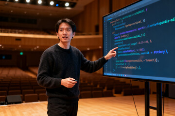 A presenter demonstrates code on a large screen during a lecture in an auditorium.