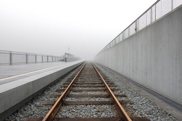 Railway tracks stretch into fog flanked by a platform on one side and a concrete wall on the other