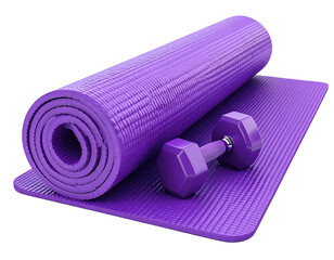 Rolled purple exercise mat with dumbbells