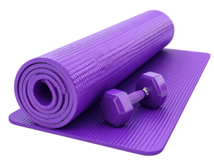 Rolled purple exercise mat with dumbbells