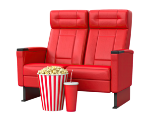 Two red cinema seats with popcorn and drink