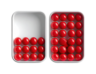Two white containers, filled with red spheres