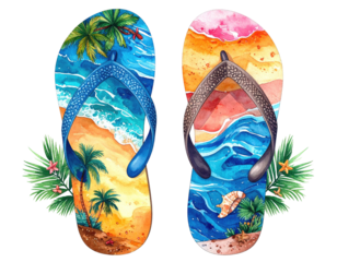 Colorful flip-flops with tropical beach scenes