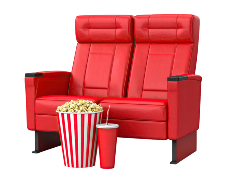 Two red cinema seats with popcorn and drink