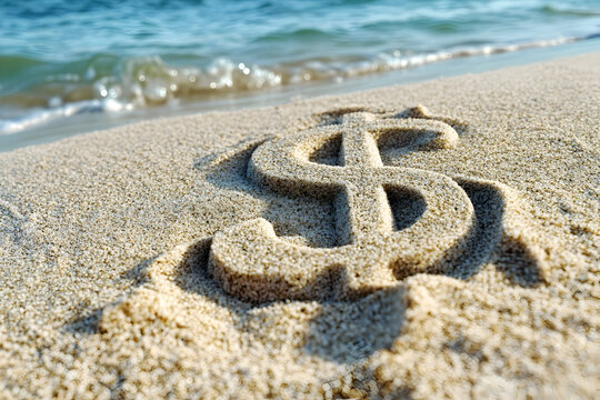 Dollar sign carved in sand on a beach with ocean waves in the background ideal for budget holiday planning - Powered by Adobe
