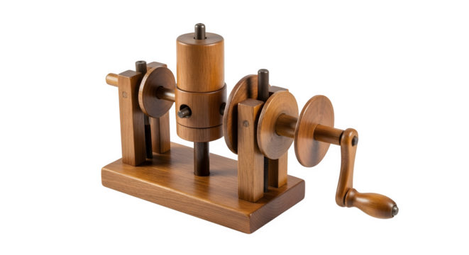 Antique wooden generator model isolated on transparent background, showcasing the craftsmanship and historical significance of early electrical engineering