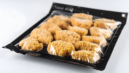 Frozen Breaded Chicken Nuggets in Black Tray Packaging on White Background
