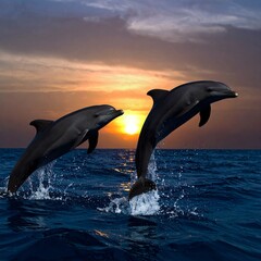 Obraz premium Two dolphins jumping in the water
