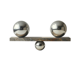 Two polished spheres balanced on a dark stone beam