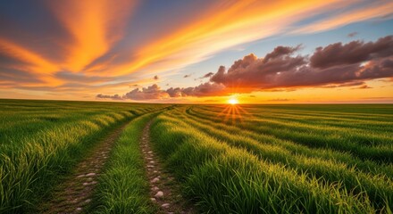 Vibrant sunset over green fields dramatic sky rays sun setting agriculture landscape beauty