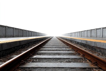 Obraz premium Railway tracks between station platforms lead to a vanishing point under a bright featureless sky