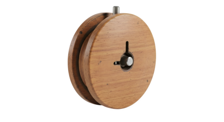 A vintage wooden pulley isolated on transparent background, showcasing its rustic charm, smooth texture, and mechanical design, evoking a sense of history and engineering