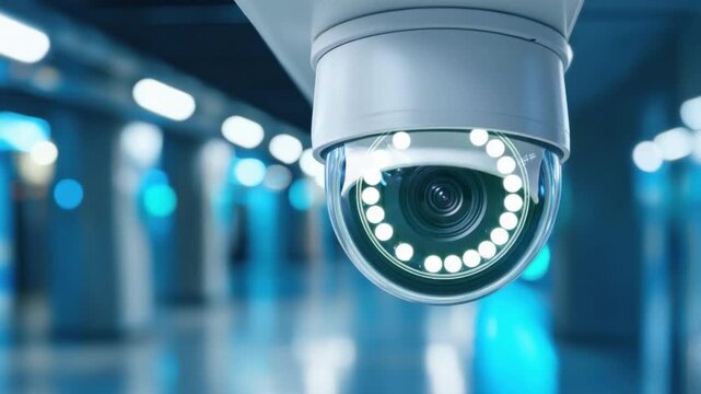 High-Quality Close-up of Surveillance Camera in Modern Urban Environment with Blurred Background and Blue Lighting Effects 4k video footage