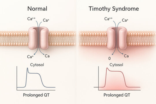 Illustration comparing normal and Timothy Syndrome calcium channel function and resulting action potential.