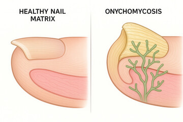 Illustration comparing a healthy nail matrix to a nail affected by onychomycosis