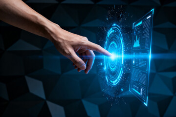 Naklejka premium Hand interacting with a futuristic holographic interface displaying data and graphs