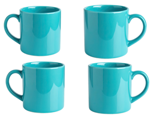 Four teal-colored mugs arranged in a grid