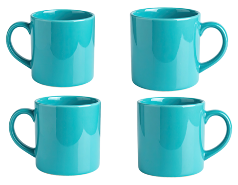 Four teal-colored mugs arranged in a grid