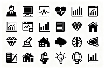 Collection of black and white icons representing business, technology, healthcare, science, and data visualization themes.