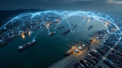 Aerial view of a modern port with ships connected through digital communication networks, showcasing maritime technology, 5G connectivity and IoT systems for global transport and logistics