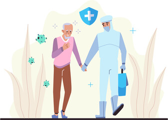 Healthcare Worker in Protective Gear Assisting Elderly Man with Virus Symbol and Shield Icon on Transparent Background