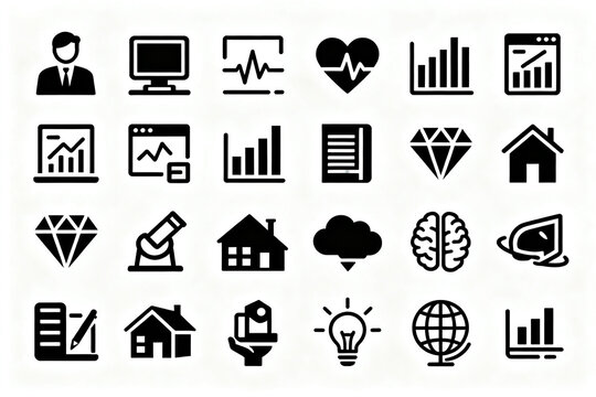 Collection of black and white icons representing business, technology, healthcare, science, and data visualization themes.
