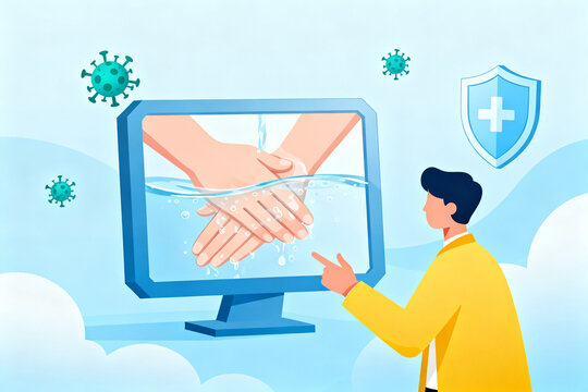 Person watching handwashing demonstration on computer screen with virus particles and shield symbol in background