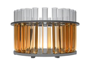 Circular metal rack holding numerous test tubes filled with amber liquid