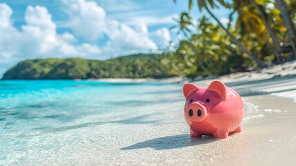 Pink piggy bank on a tropical beach with clear blue water and palm trees ideal for budget holiday planning