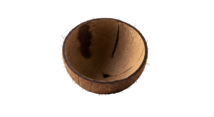 Empty coconut shell bowl isolated on transparent background, showcasing its natural texture and rustic charm, a versatile vessel for culinary creations