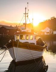 Golden Hour Glow: Fishing Boat Reflecting in Calm Waters at Sunset