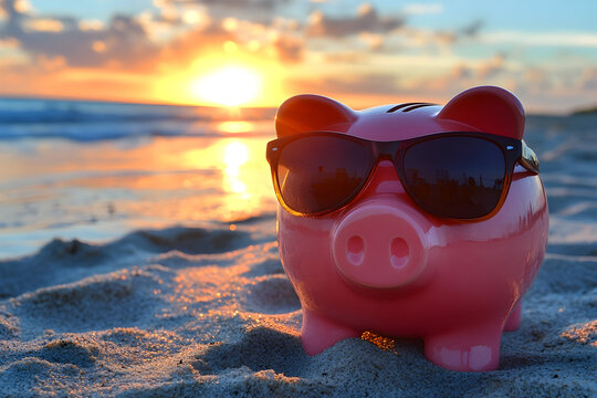 Piggy bank wearing sunglasses on sandy beach at sunset with ocean waves ideal for budget holiday planning