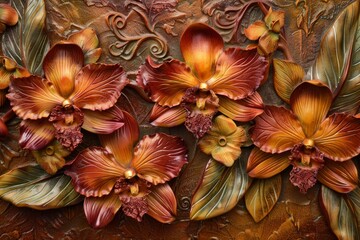 Fototapeta premium Ornate leather relief sculpture displays detailed, embossed orchids in warm autumnal tones against a textured background.