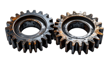 Two rusty gears, side-by-side, close-up
