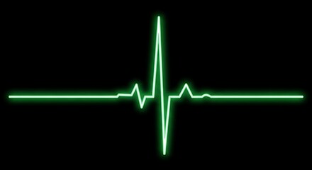 Vibrant neon green electrocardiogram line pulses dynamically against a stark black background signifying life and vital signs