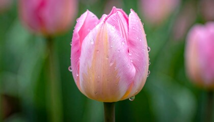 Close-up of a pink tulip covered in dew drops, soft focus background