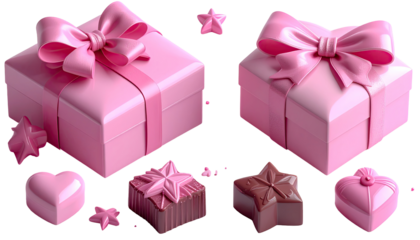 Two pink gift boxes, chocolates, and decorative elements