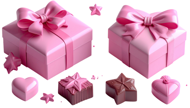 Two pink gift boxes, chocolates, and decorative elements