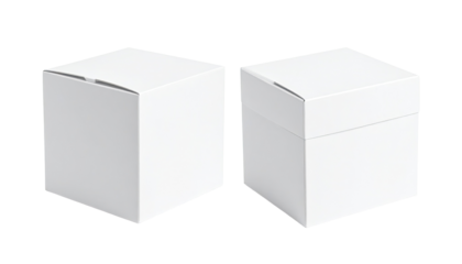 Two identical, white, square, cardboard boxes with folded tops