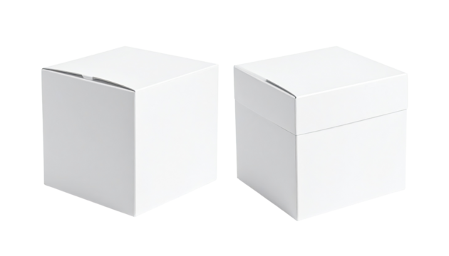 Two identical, white, square, cardboard boxes with folded tops