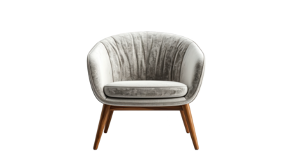 Luxurious, modern armchair features a plush, tufted back and seat in a soft, neutral color, resting on sturdy wooden legs, all set against a stark, solid black backdrop highlighting the elegant...