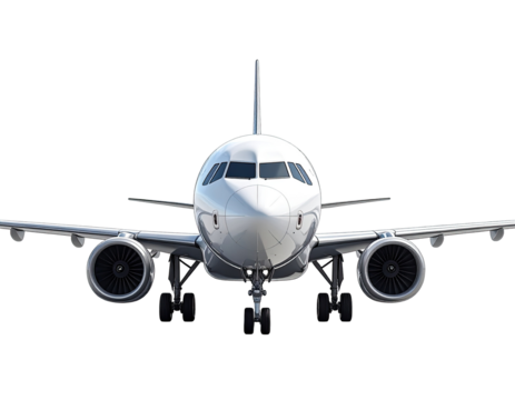 Front view of a modern passenger jet.  Glossy white finish