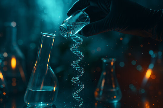 AI generated ultra realistic digital art showing glowing DNA helix rising from glass vial in futuristic laboratory atmosphere symbolizing genetic science and innovation - Powered by Adobe