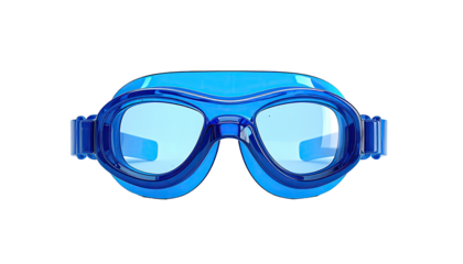 Bright blue swim goggles, front view.  Clear lenses