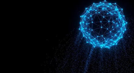 Dynamic glowing blue neural network sphere dissolving into digital particles against a dark void, representing data, AI, and global connection.