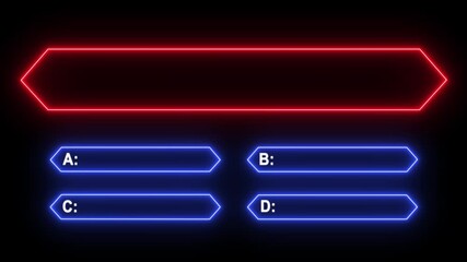 Quiz game animation design with bright neon line effect and multiple choice selection on black screen.
