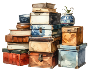 Stacked vintage boxes and books