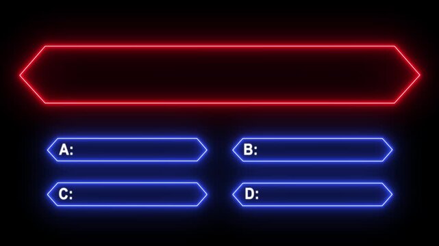 Quiz game animation design with bright neon line effect and multiple choice selection on black screen.