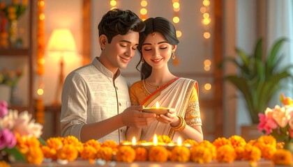 Festive 3D render of couple decorating home with diyas and flowers under glowing lights, perfect Diwali celebration theme for greeting cards, posters, and seasonal designs