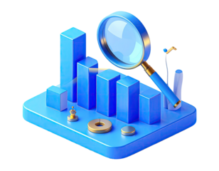 3D graphic of a magnifying glass over a bar chart.  Bright blue blocks, gold accents, and isometric perspective.  Business, analysis, data visualization, and insight concepts